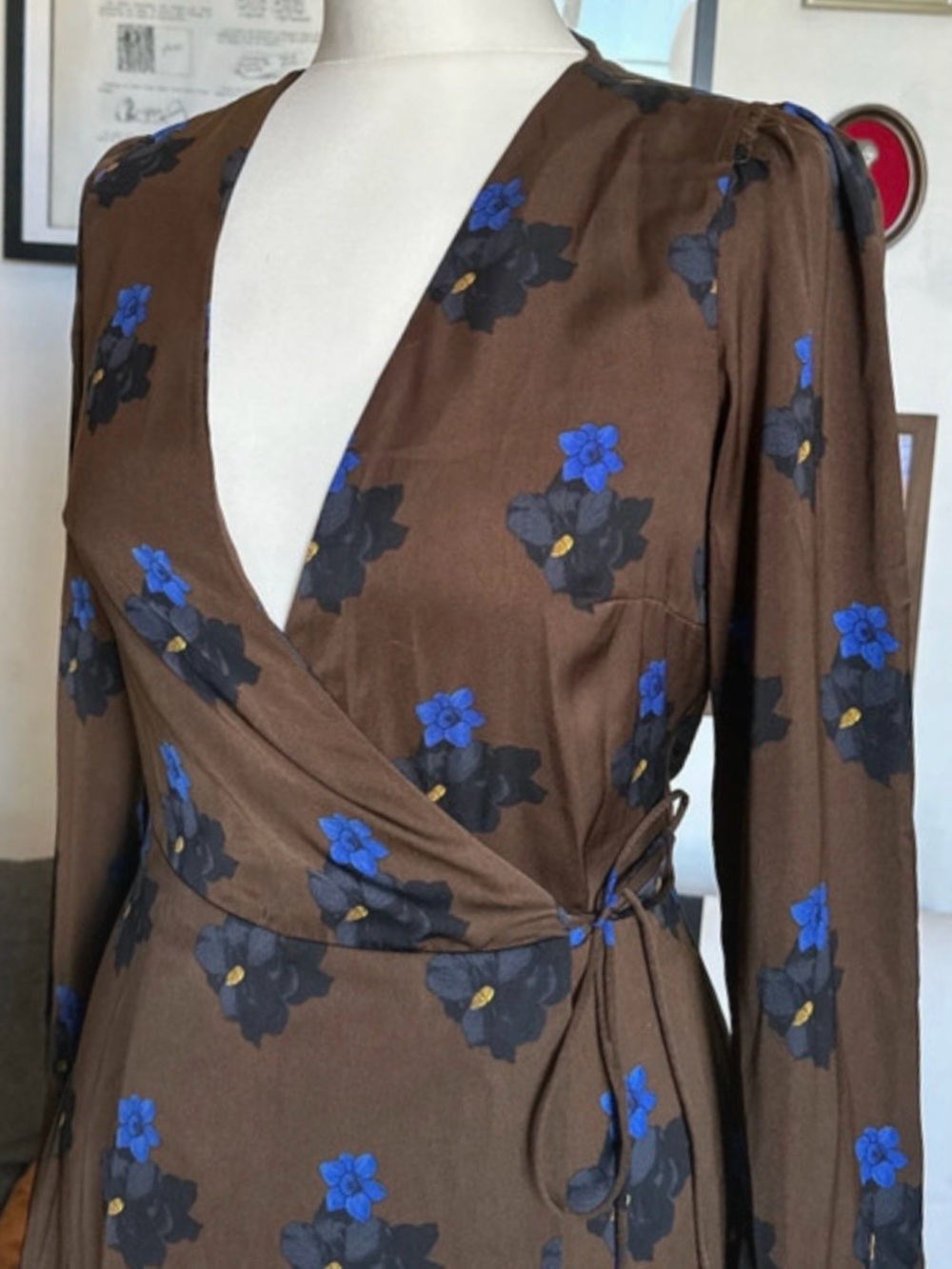 Mango Cocoa Brown Real Wrap Dress with Blue Floral Accents 3/4 Sleeve